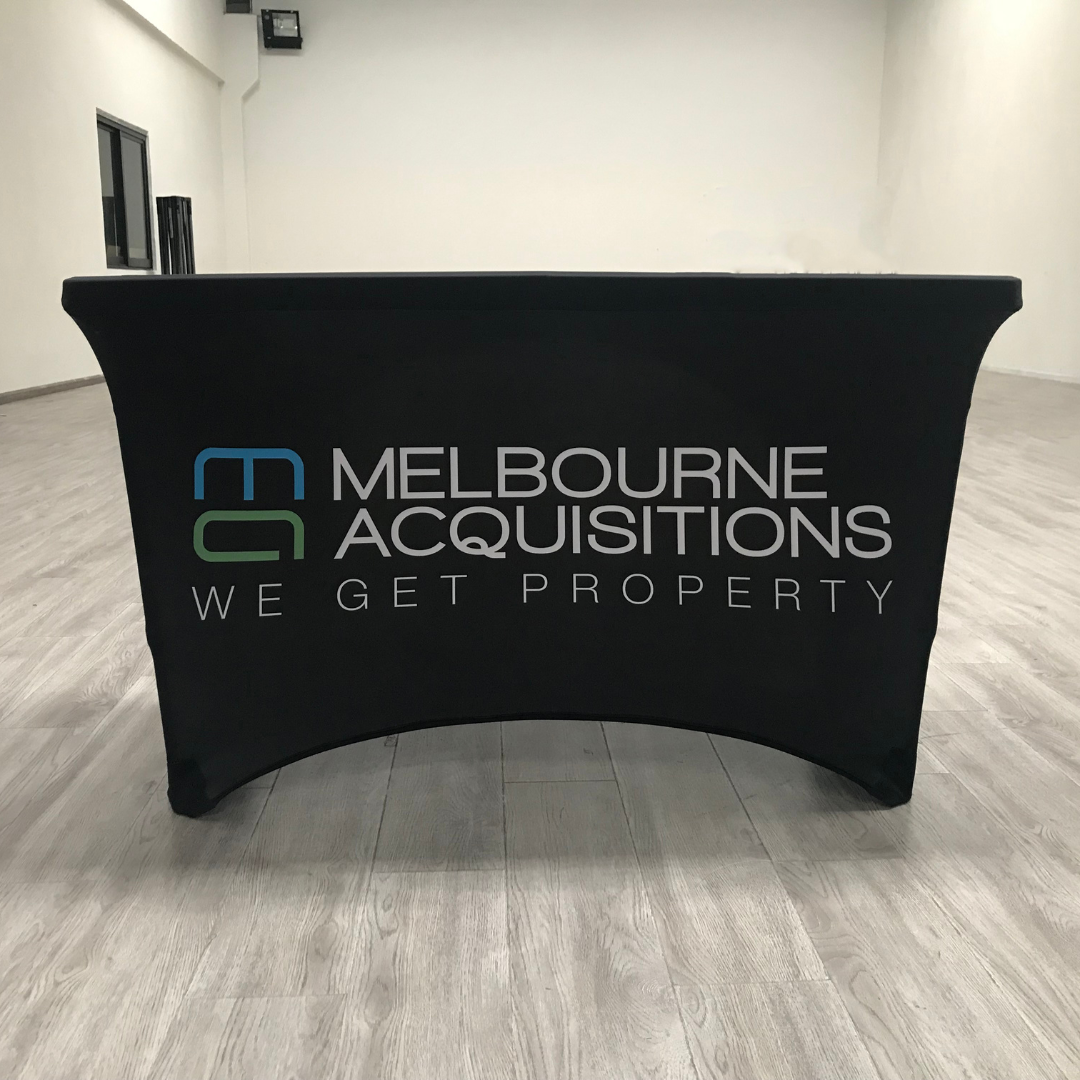Custom stretch table cover printed for Melbourne Acquisitions - Flare Shade