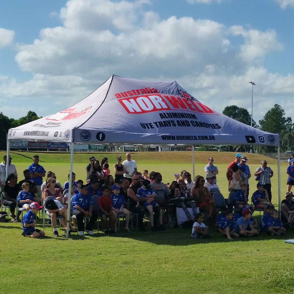 Heavy Duty X7 Tectonic 13ft x 20ft Custom Printed Canopy Tent Setup for NORWELD by Flare Shade