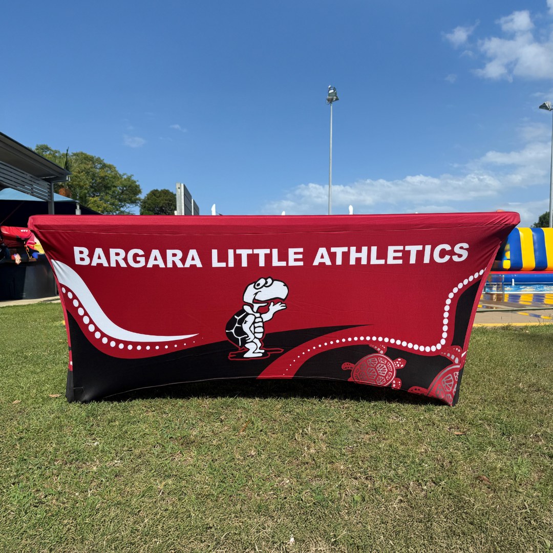Custom stretch table cover printed for BARGARA LITTLE ATHLETICS - Flare Shade