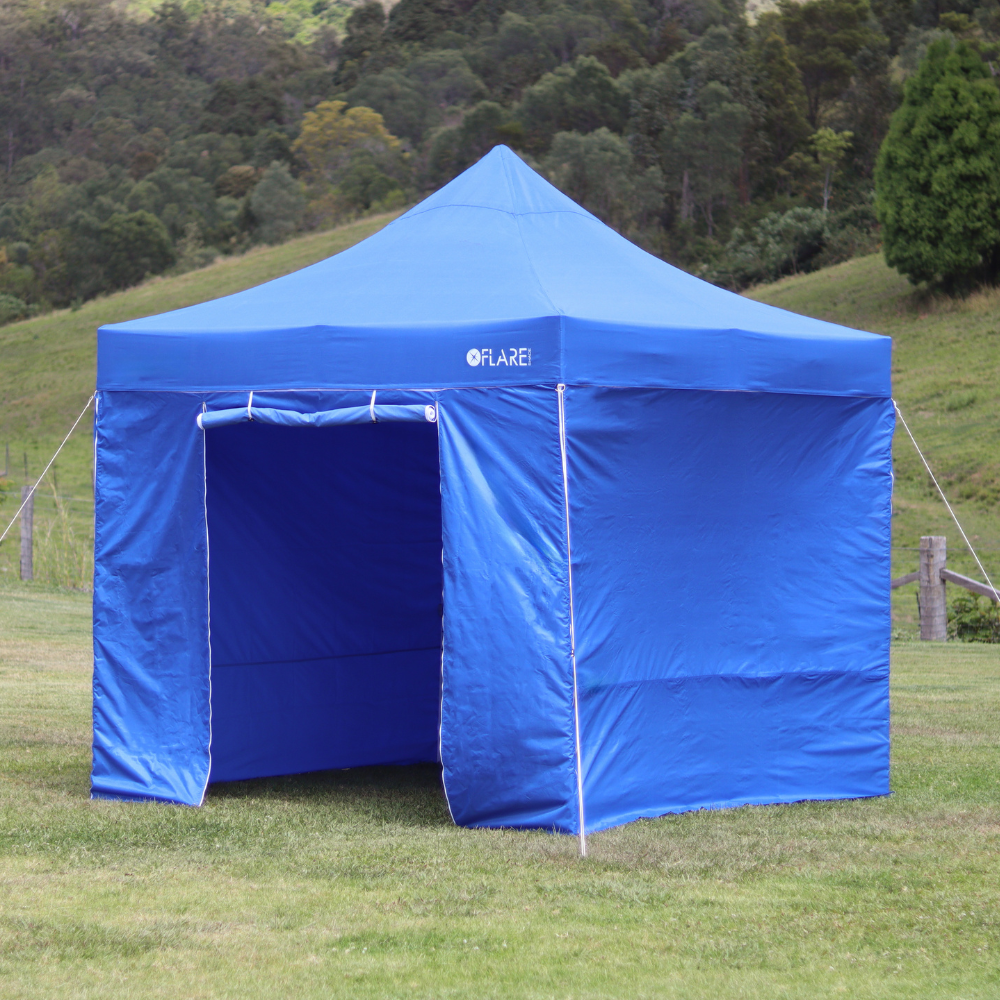 10x10 Blue Wall Kit – 3 Full, 2 Door Walls – X4 X-TREK Canopy – Flare Shade