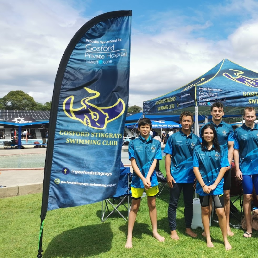Promotional custom feather flag banner for Gosford Stingrays Swimming Club's Event  