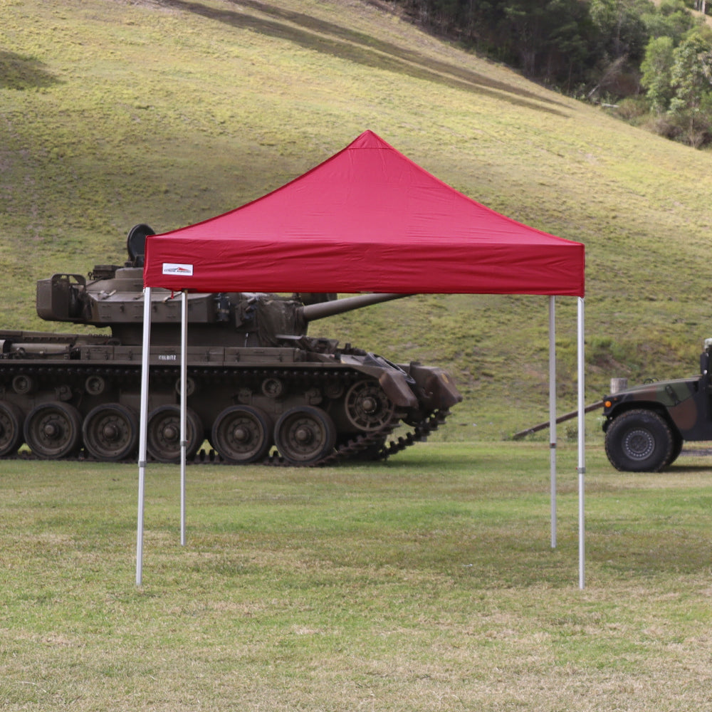 X6 Velocity Red 10x10 Canopy Tent Outdoor Setup - High Strength - Flare Shade