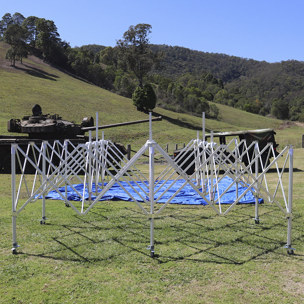 Installation of X7 Tectonic 20ft x 20ft plain canopy tent - Ultra strength - Flare Shade